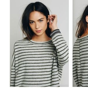 Free People Little Ann Striped Pullover Olive and White Sz. Medium